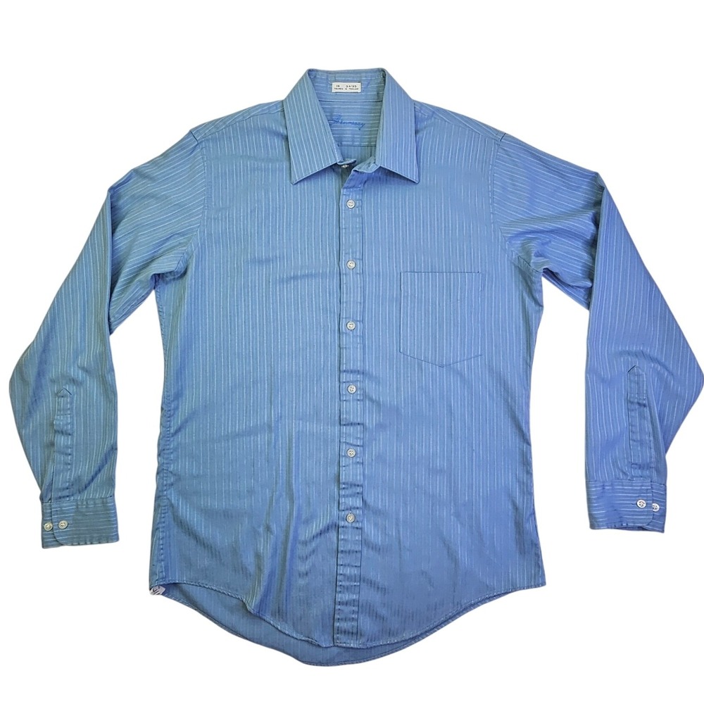 Vintage Striped Dress Shirt Mens Long Sleeve Button Up Blue Business Casual‎